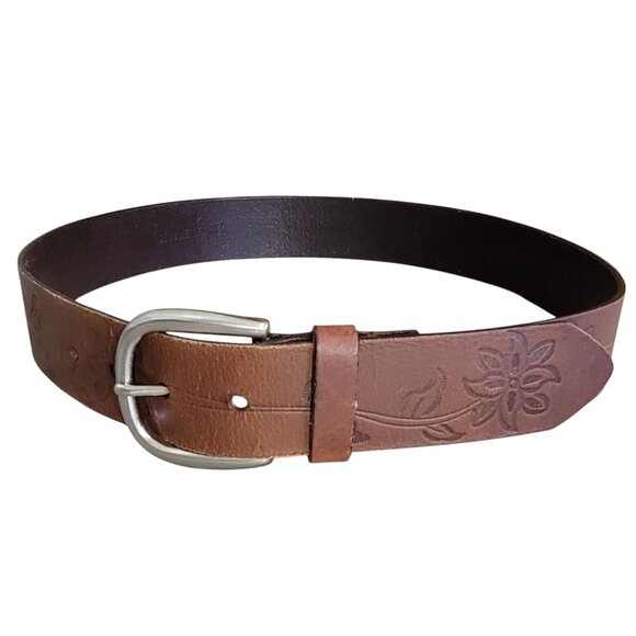 Genuine Leather Tooled Brown Western Floral Belt Made in India NEW Size M - Picture 3 of 14